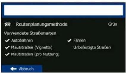Routerplanungsmethode Grün Verwendete Straßenarten ✓ Autobahnen ✓ Fähren ✓ Mautstraßen (Vignette) Unbefestigte Straßen ✓ Mautstraßen (pro Nutzung) ← Abbruch