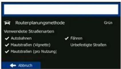 Routerplanungsmethode Grün Verwendete Straßenarten ✓ Autobahnen ✓ Fähren ✓ Mautstraßen (Vignette) Unbefestigte Straßen ✓ Mautstraßen (pro Nutzung) Abbruch