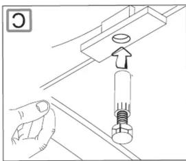 Technical diagram showing a hand holding a bolt inserted into a mechanical component with an upward arrow indicating force or direction.