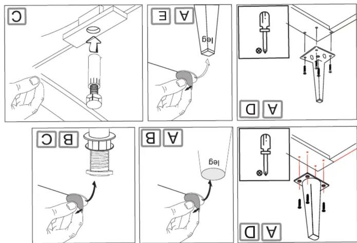 Technical diagram illustrating six different screw installation or mounting techniques with labeled components and directional arrows