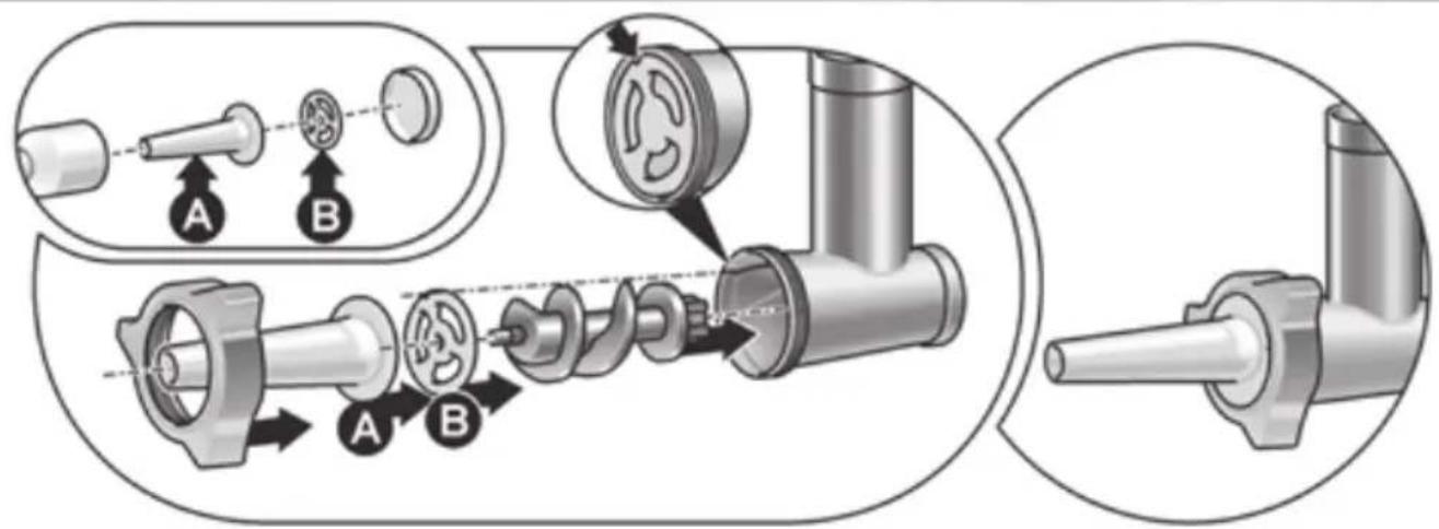Technical diagram illustrating mechanical assembly steps with labeled components A and B, showing tool path and component positioning.