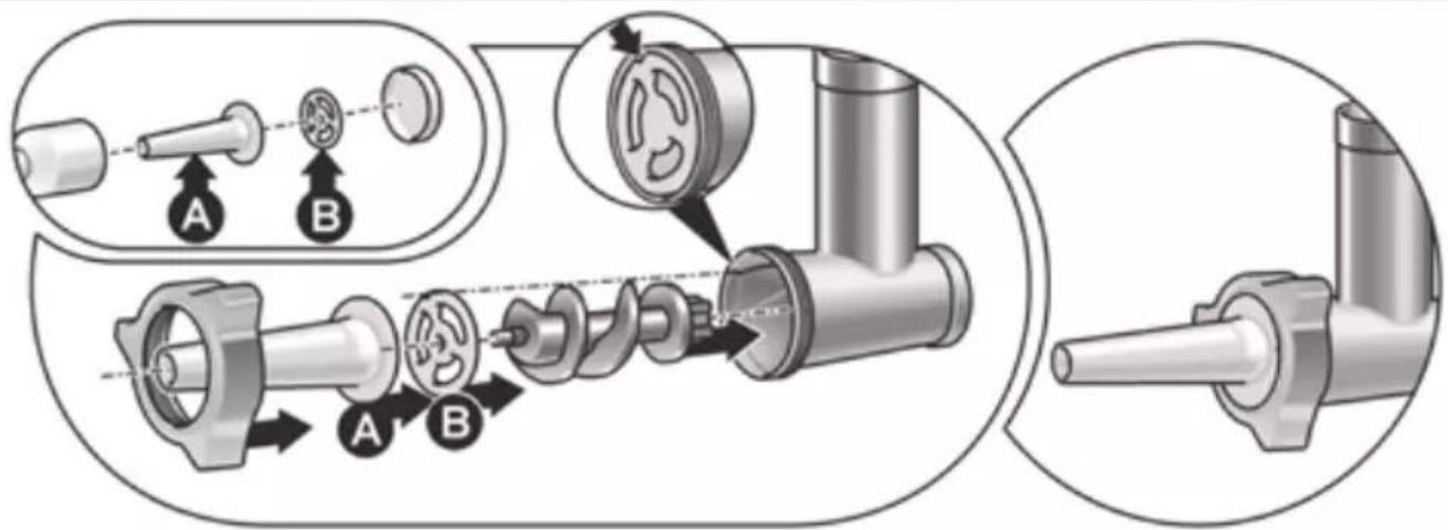 Technical diagram illustrating mechanical assembly steps with labeled components A and B, showing tool path and component alignment.