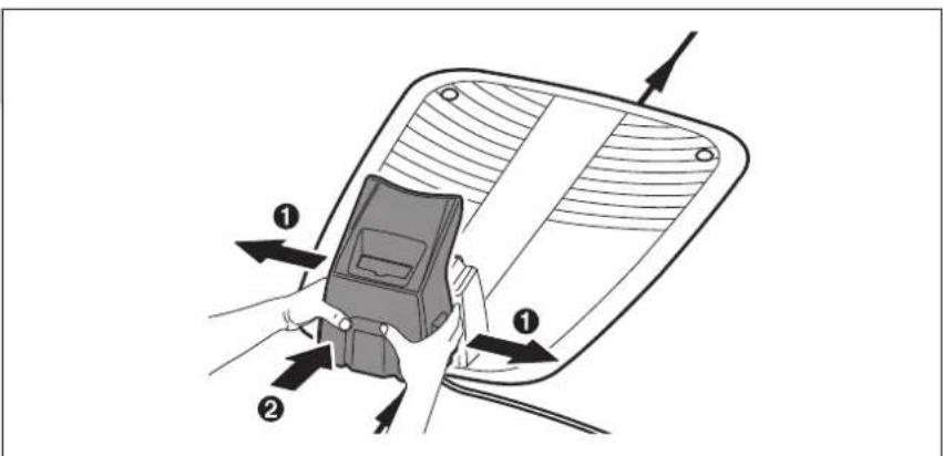 Diagram showing two hands inserting a device into a device panel, labeled with arrows and numbered parts.