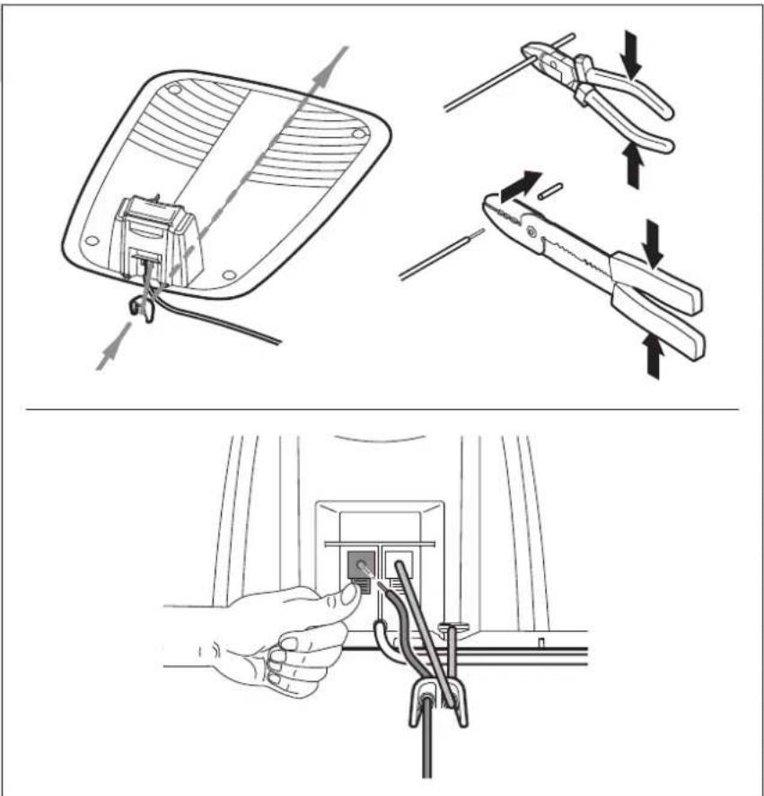 Technical diagram showing three steps of installing a component: mounting, pliers, and inserting into a socket.