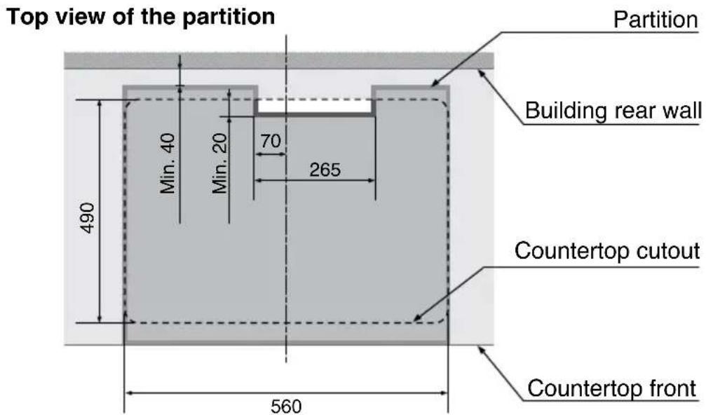 Top view of the partition Partition Building rear wall 490 Min. 40 Min. 20 70 265 Countertop cutout 560 Countertop front