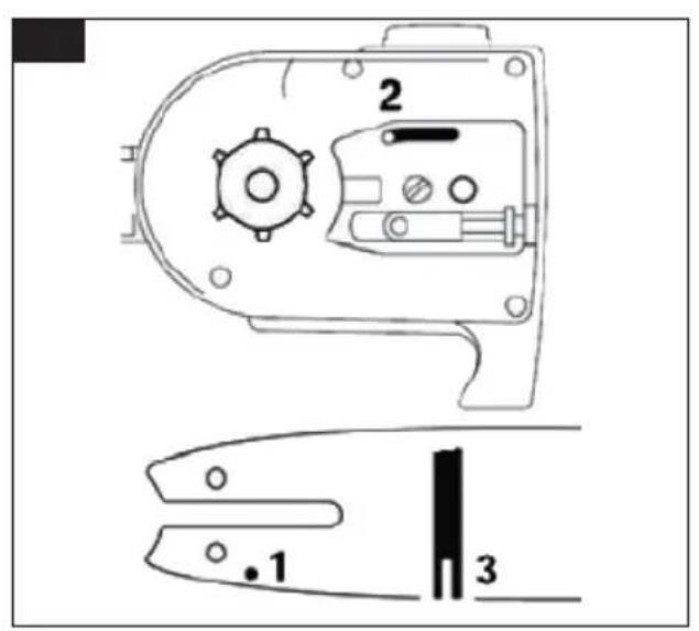 Technical diagram of a mechanical device with labeled parts and a schematic view showing three numbered components.