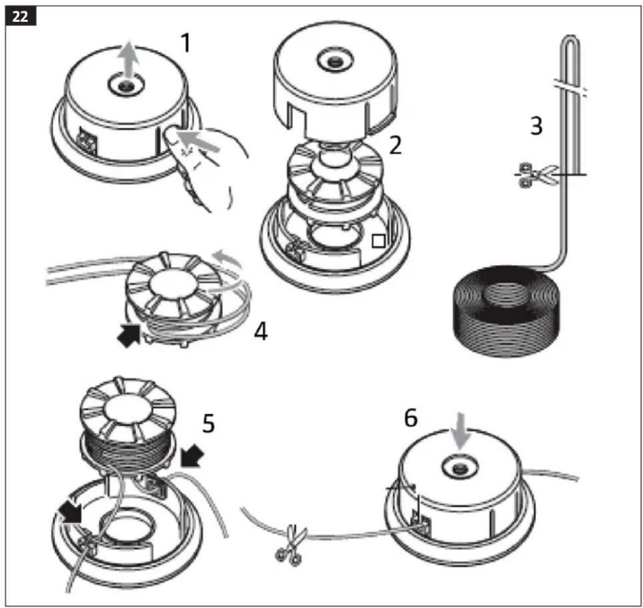 Technical diagram showing six steps of a mechanical device with labeled components and directional arrows indicating motion.