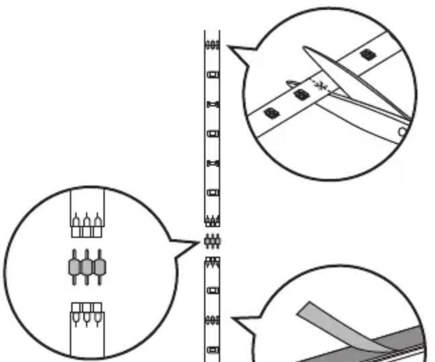 Technical diagram showing three-step assembly process: pin alignment, cutting tool path, and cutting edge with shaded section.