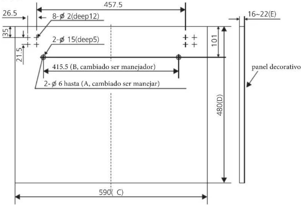 26.5 457.5 8-Ø 2(deep12) 35 21.5 2-Ø 15(deep5) 415.5 (B, cambiado ser manejador) 2-Ø 6 hasta (A, cambiado ser manejar) 101 16~22(E) 480(D) panel decorativo 590( C)