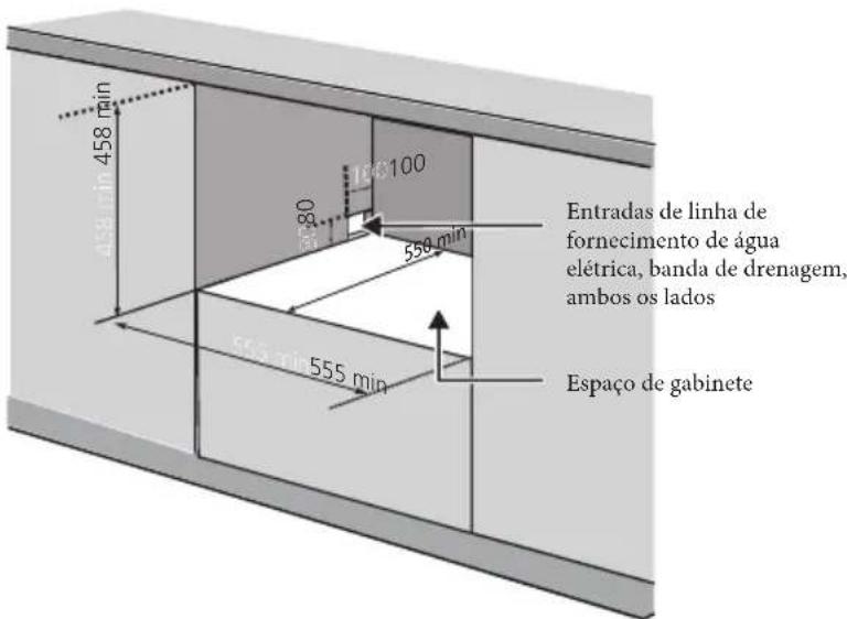 458 min 100 80 559 min Entradas de linha de fornecimento de água elétrica, banda de drenagem, ambos os lados 553 min 555 min Espaço de gabinete