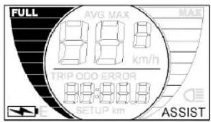 FULL AVG MAX MAX 8.8 km/h TRIP ODD ERROR 88:88.8 SETUP km ASSIST