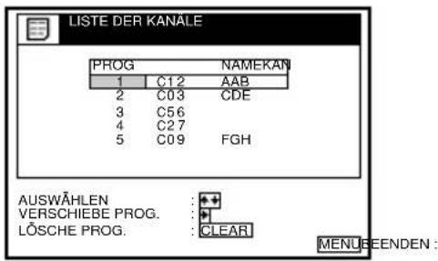 LISTE DER KANÄLE PROG NAME KAN 1 C12 AAB 2 C03 CDE 3 C56 4 C27 5 C09 FGH AUSWÄHLEN: + VERSCHIEBE PROG.: * LÖSCHE PROG.: CLEAR MENU BEENDEN: