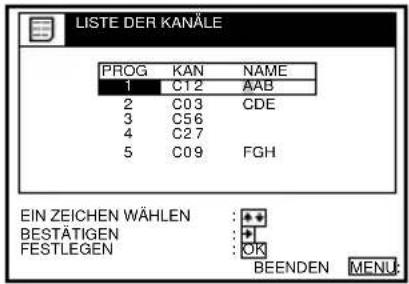 LISTE DER KANÄLE PROG KAN NAME 1 C12 AAB 2 C03 CDE 3 C56 4 C27 5 C09 FGH EIN ZEICHEN WÄHLEN BESTÄTIGEN FESTLEGEN BEENDEN MENU