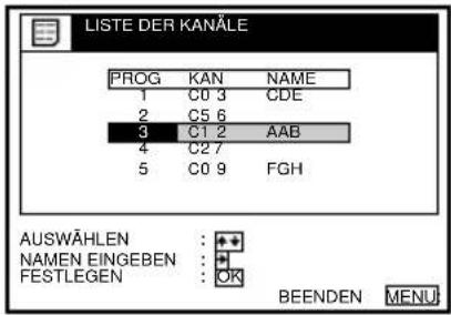LISTE DER KANÄLE PROG KAN NAME 1 C03 CDE 2 C56 3 C12 AAB 4 C27 5 C09 FGH AUSWÄHLEN : + NAMEN EINGEBEN : + FESTLEGEN : OK BEENDEN MENU