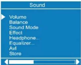 Sound: Volume, Balance, Sound Mode, Effect, Headphone..., Equalizer..., AvI, Store