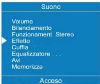 Suono Volume Bilanciamento Funzionament. Stereo Effetto Cuffia ... Equalizzatore ... Avi Memorizza Acceso