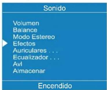 Sonido Volumen Balance Modo Estereo Efectos Auriculares ... Ecualizador ... Avl Almacenar Encendido