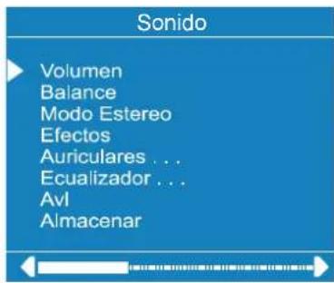 Sonido Volumen Balance Modo Estereo Efectos Auriculares ... Ecualizador ... Avl Almacenar