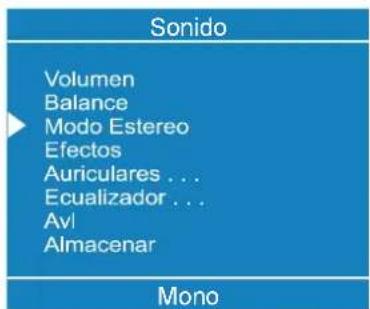 Sonido Volumen Balance Modo Estereo Efectos Auriculares ... Ecualizador ... Avi Almacenar Mono