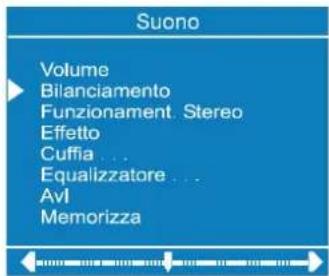 Suono Volume Bilanciamento Funzionament. Stereo Effetto Cuffia ... Equalizzatore ... AvI Memorizza