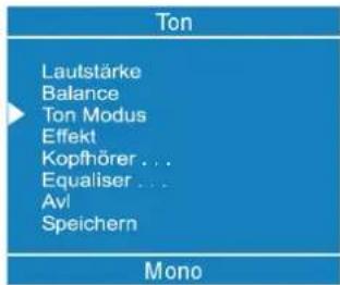 Ton Lautstärke Balance Ton Modus Effekt Kopfhörer ... Equaliser ... Avi Speichern Mono