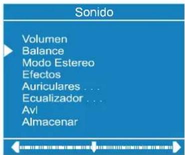Sonido Volumen Balance Modo Estereo Efectos Auriculares ... Ecualizador ... Avi Almacenar