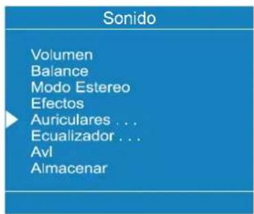 Sonido Volumen Balance Modo Estereo Efectos Auriculares ... Ecualizador ... Avl Almacenar