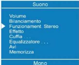 Suono Volume Bilanciamento Funzionament. Stereo Effetto Cuffia ... Equalizzatore ... Avi Memorizza Mono