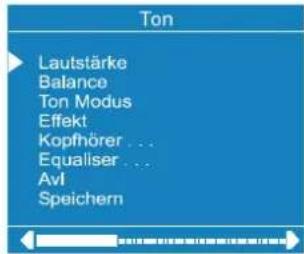 Ton Lautstärke Balance Ton Modus Effekt Kopfhörer ... Equaliser ... Avl Speichern