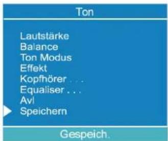 Ton Lautstärke Balance Ton Modus Effekt Kopfhörer ... Equaliser ... Avl Speichern Gespeich.