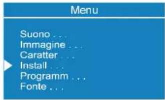 Menu Suono ... Immagine ... Caratter ... Install ... Programm ... Fonte ...