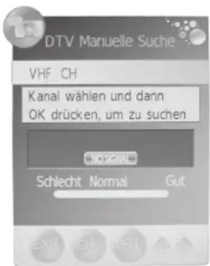 DTV Manuelle Suche VHF CH Kanal wählen und dann OK drücken, um zu suchen NOGWL Schlecht Normal Gut