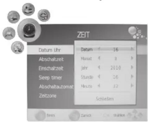 ZEIT Datum Uhr Abschaltzeit Einschaltzeit Sleep timer Abschaltautomat Zeitzone Datum 16 Monat 3 jahr 2010 Stunde 16 Minute 12 Schließen Berei Zurück Wahlen