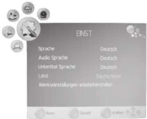 EINST Sprache Deutsch Audio Sprache Deutsch Untertitel Sprache Deutsch Land Deutschland Werkseinstellungen wiederherstellen Been Zurück Wahlen