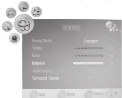 SOUND Sound Mode Standard Table Bass Balance Auto Volume Surround Sound Out Back Select