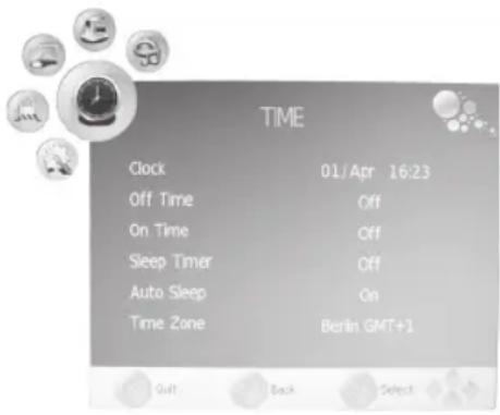 TIME Clock 01/Apr 16:23 Off Time Off On Time Off Sleep Timer Off Auto Sleep On Time Zone Berlin GMT+1 Gutt Back Select