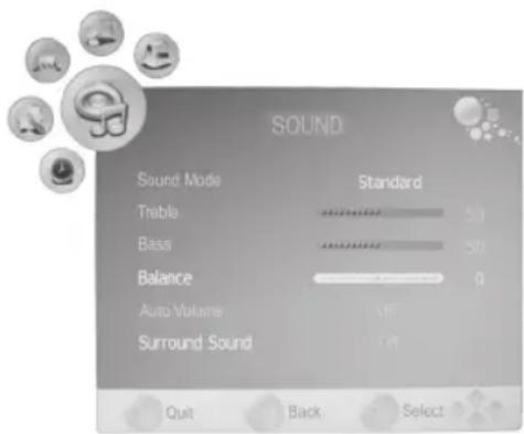 SOUND Sound Mode Standard Treble 50 Bass 50 Balance 0 Auto Volume OFF Surround Sound OFF Quit Back Select