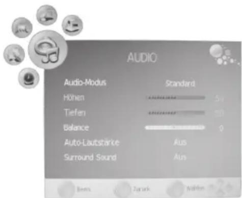 AUDIO Audio-Modus Standard Hohen 50 Tiefen 50 Balance 0 Auto-Laubstärke Aus Surround Sound Aus Bees Zurück Änder