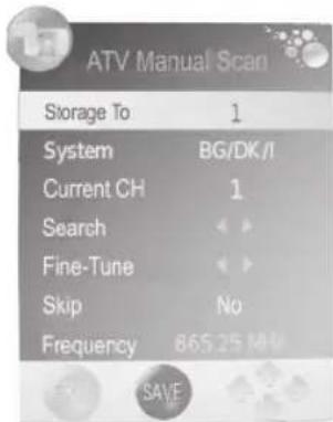 ATV Manual Scan Storage To 1 System BG/DK/I Current CH 1 Search Fine-Tune Skip No Frequency 865.25 MHz SAVE