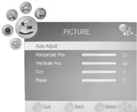 PICTURE Auto Adjust Horizontale Pos. 50 Vertikale Pos. 48 Size 0 Phase 27 Out Back Select