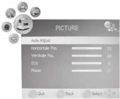 PICTURE Auto Adjust Horizontale Pos. 50 Vertikale Pos. 48 Size 0 Phase 27 Out Back Select