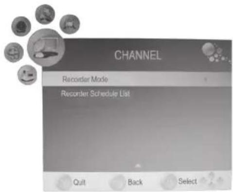 CHANNEL Recorder Mode Recorder Schedule List Quit Back Select
