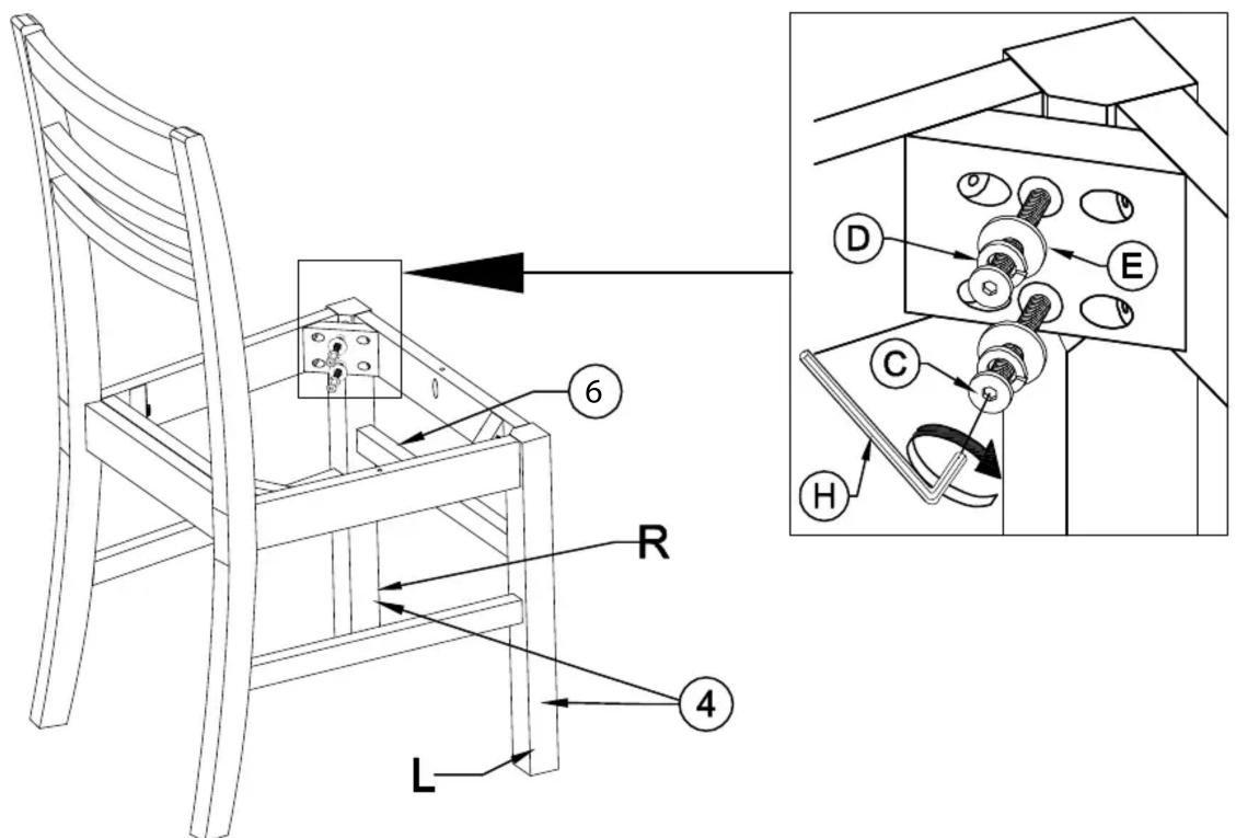 Technical diagram of a mechanical assembly with labeled parts and an inset showing internal components labeled D, E, C, H, R, and L.