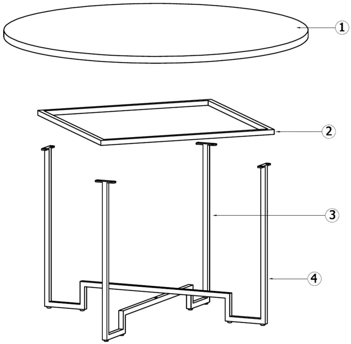 Technical diagram of a simple table with labeled components, including an oval top and four side supports.