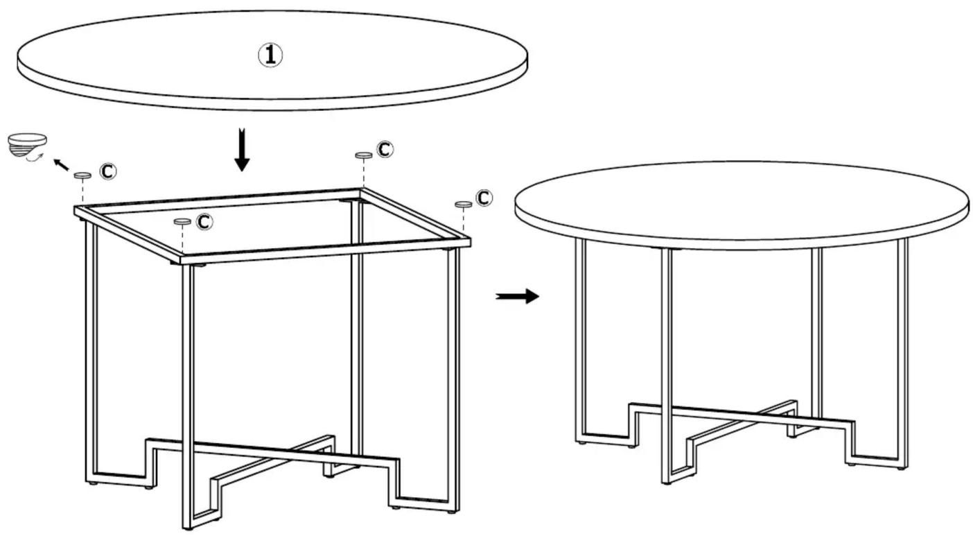 Technical diagram showing a table setup with labeled components and a transformation arrow indicating assembly or modification.