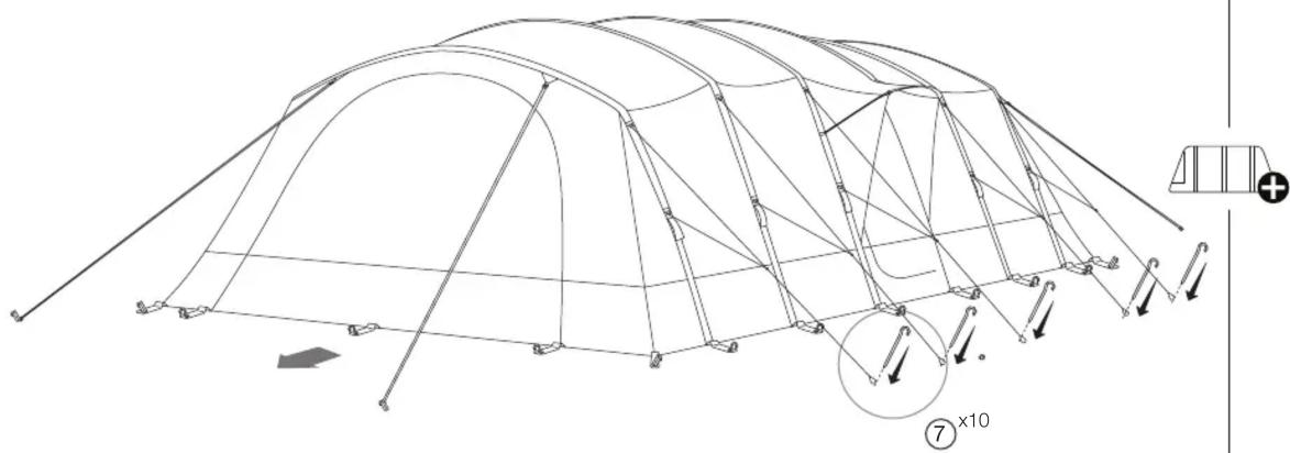 Diagram of a multi-arched tent structure with structural beams and a magnified inset showing a detailed section (no text or symbols)