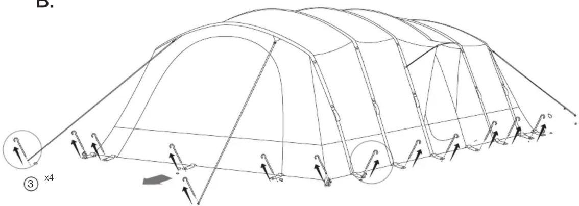 Diagram of a tent structure with support poles and structural supports, no text or symbols present