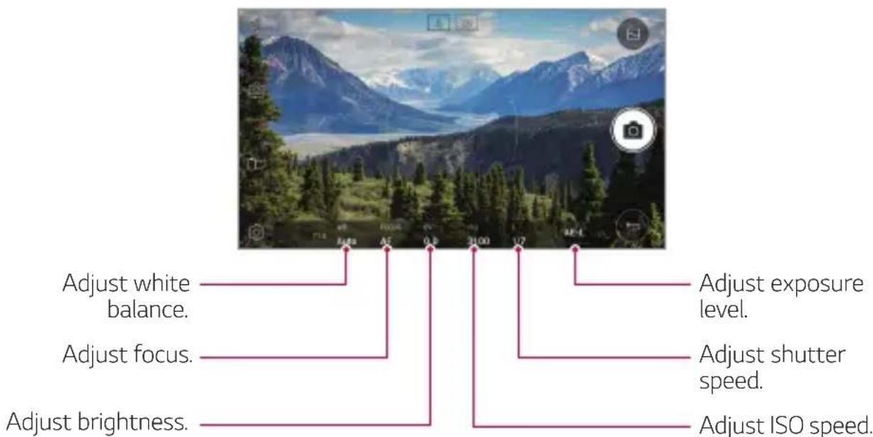 Adjust white balance. Adjust focus. Adjust brightness. Adjust exposure level. Adjust shutter speed. Adjust ISO speed.