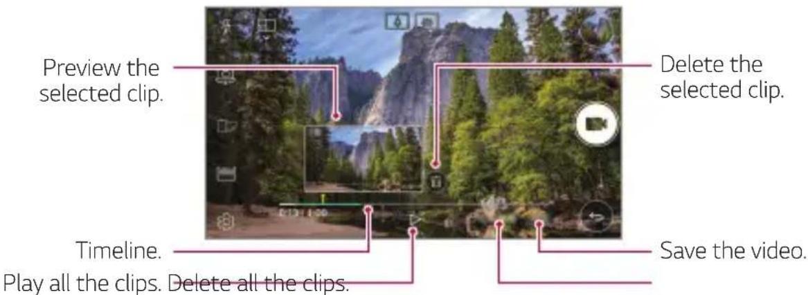 Preview the selected clip. Delete the selected clip. Timeline. Play all the clips. Delete all the clips. Save the video.