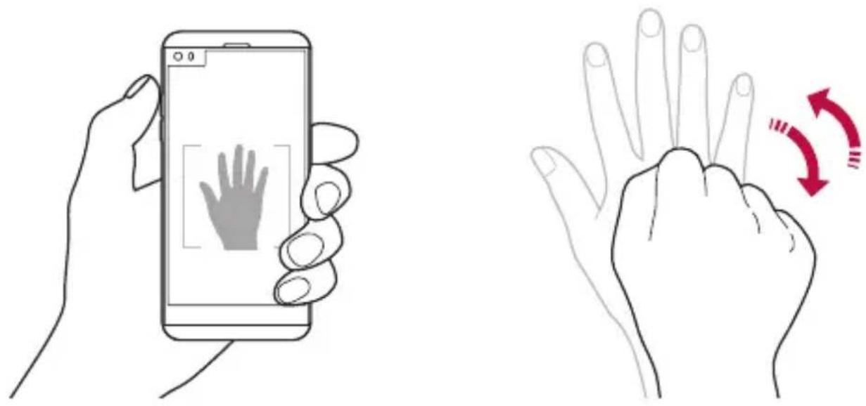 Illustration showing a smartphone screen displaying a hand fingerprint and a hand gesture with red curved arrows indicating rotation or motion.